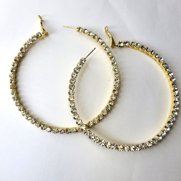 Statement Gold Tone HoopEarrings Crystal Encrusted Hoop Earrings - Picture 7 of 7